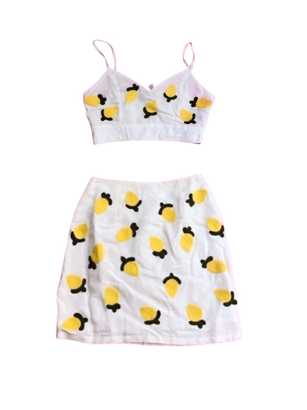Red Carter White Yellow Lemon Set Crop Top Mini Skirt Linen Summer Festival Boho